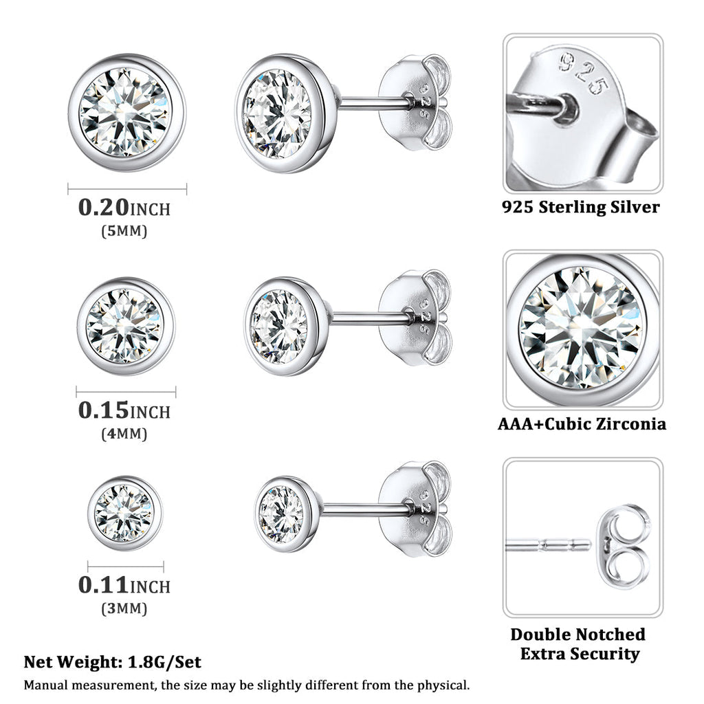925 Sterling Silver Diamond Stud Earrings Set for 3 Pairs