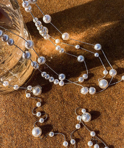 White Copper Overgild Double-layer Pearl Lariat Necklace