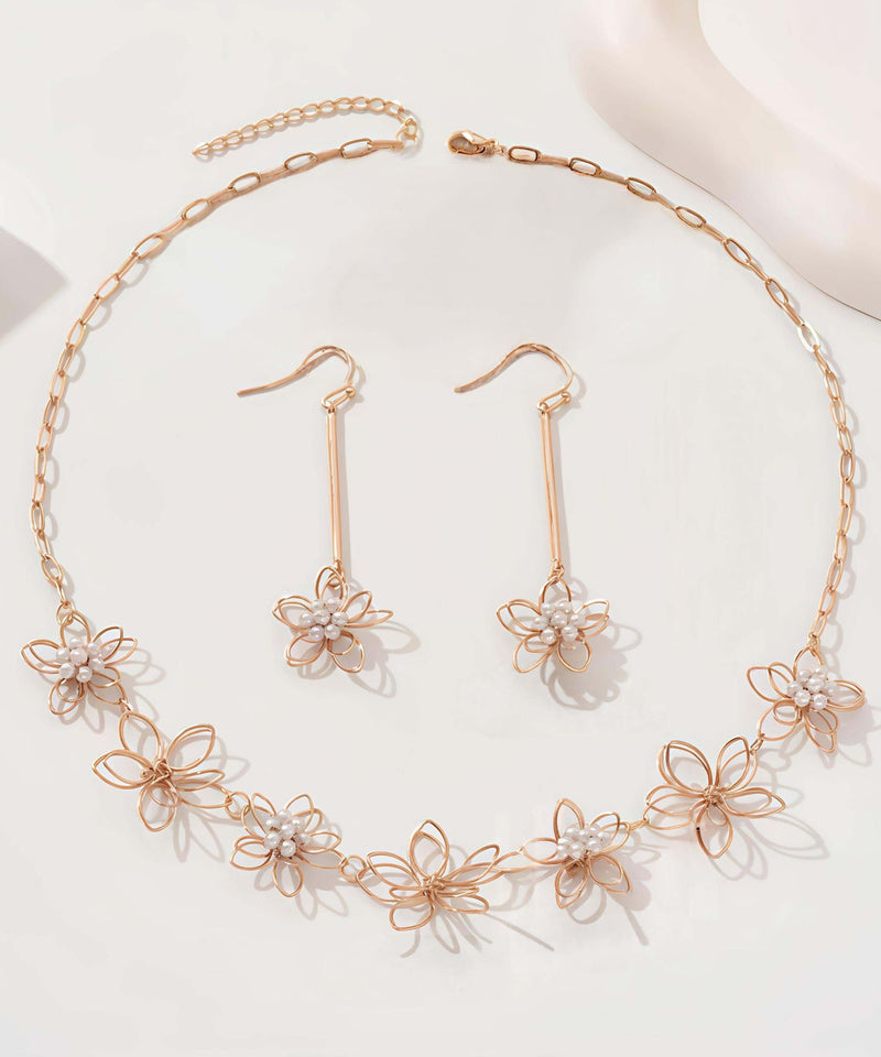 Fine Gold Metal Alloy Hollow Out Lariat Necklace and Drop Earrings Two-piece Set