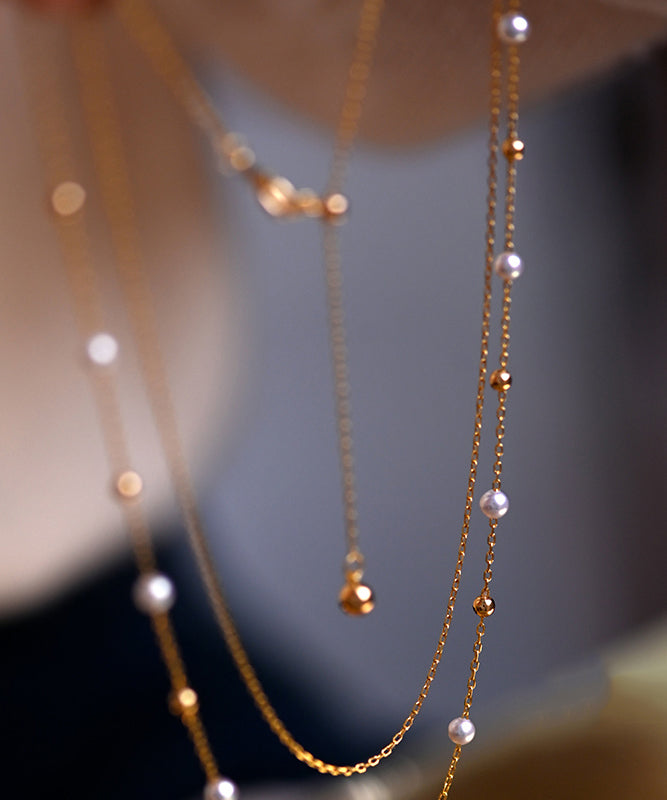 Stylish Pearl Double Layered Adjustable 14k Gold Necklace