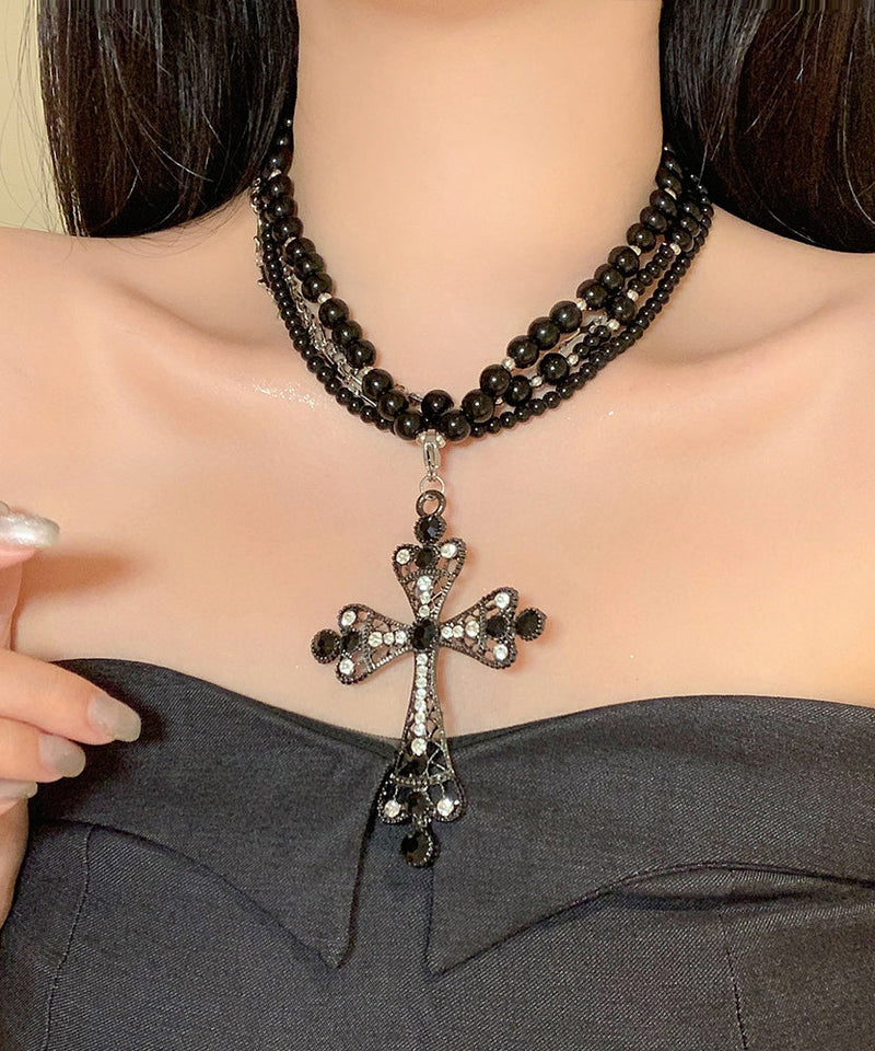 Black Zircon Cross Multilayer Beads Gratuated Bead Necklace