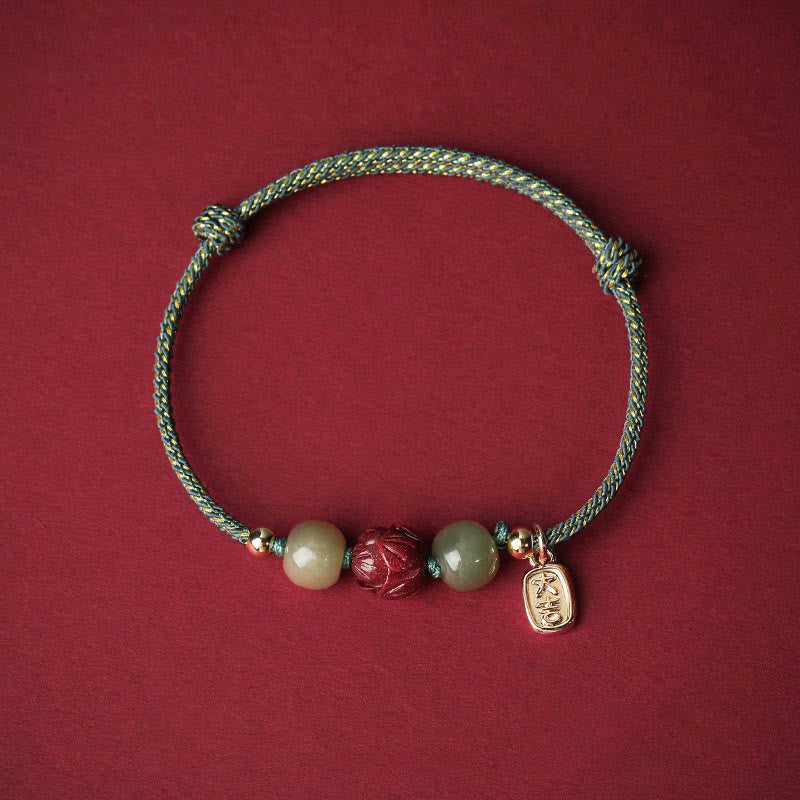 Buddha Stones 14k Gold Plated Hetian Jade Cinnabar Lotus Luck Handcrafted Rope Bracelet