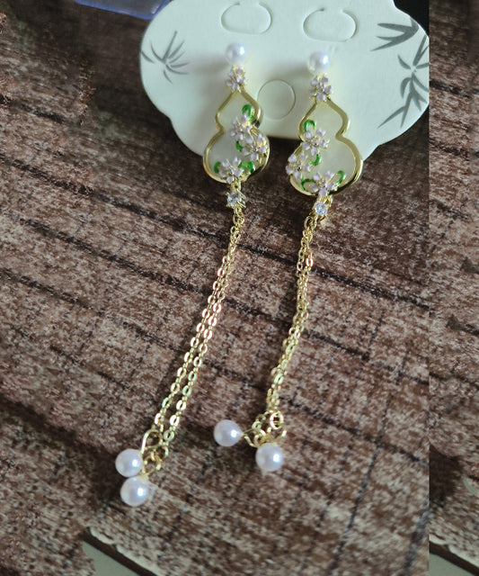 Skinny Green Sterling Silver Overgild Pearl Plum Blossom Gourd Tassel Drop Earrings