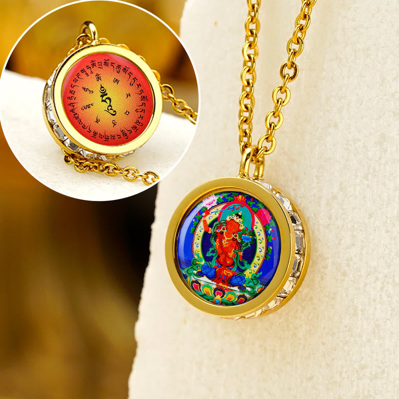 Buddha Stones Tibetan Yellow God of Wealth Green Tara Buddha Serenity Titanium Steel Necklace Pendant