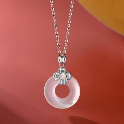 Buddha Stones 925 Sterling Silver Chalcedony Coin Peace Buckle Positive Necklace Pendant