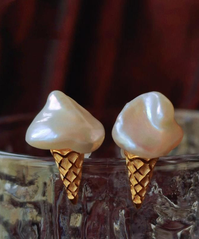 Gold Sterling Silver Pearl Ice Cream Stud Earrings