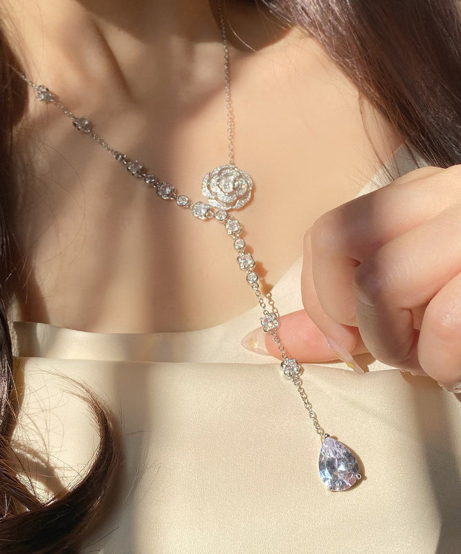 Silk Sterling Silver Zircon Rose Tassel Pendant Necklace