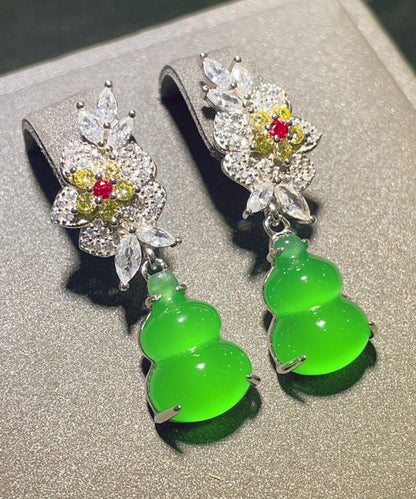 Green Sterling Silver Zircon Jade Gourd Drop Earrings