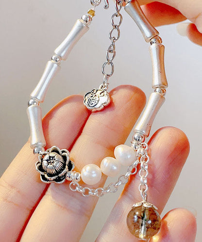 Silk Sterling Silver Pearl Crystal Bamboo Charm Bracelet