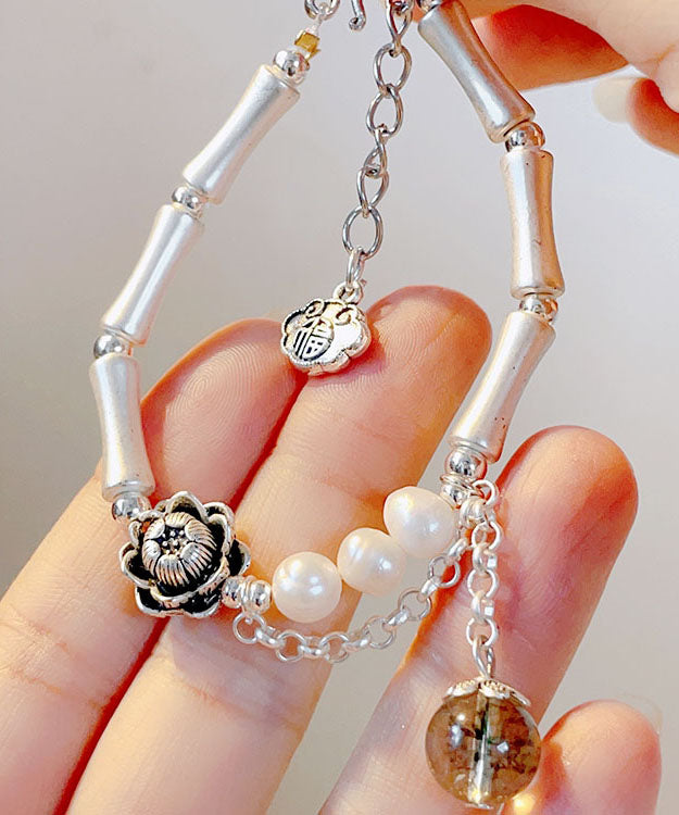 Silk Sterling Silver Pearl Crystal Bamboo Charm Bracelet