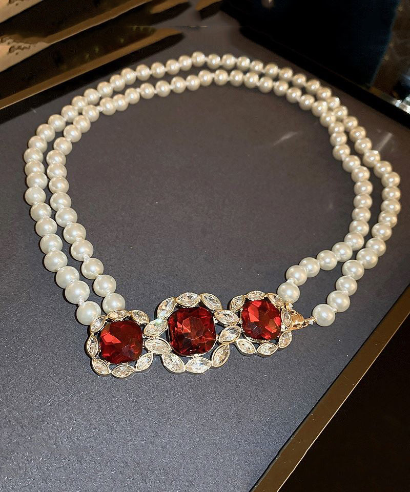 Red Alloy Zircon Bilayer Pearl Gratuated Bead Necklace
