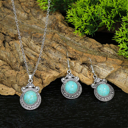 Court Geometric Carved Turquoise Diamond Earrings Necklace Set