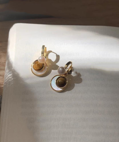 New Brown Copper Overgild Tiger Eye Stone Shell Glass Hoop Earrings