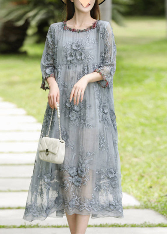 Grey O-neck Embroidered Silk Long Dresses Bracelet Sleeve