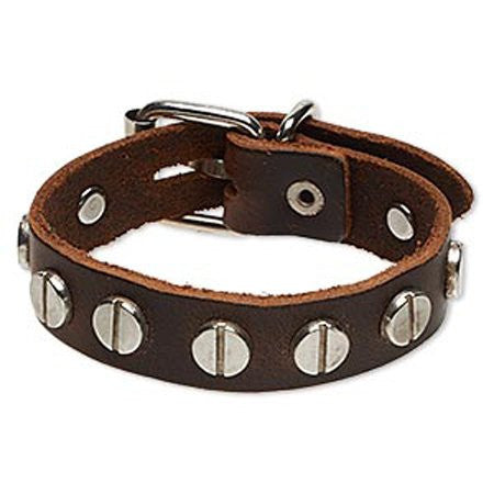 Round Studded Brown Leather Buckle Bracelet