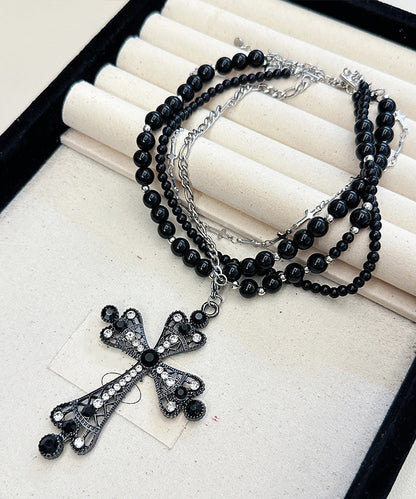 Black Zircon Cross Multilayer Beads Gratuated Bead Necklace