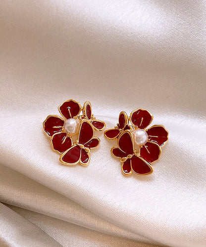 Red Copper Alloy Butterfly Pearl Stud Earrings