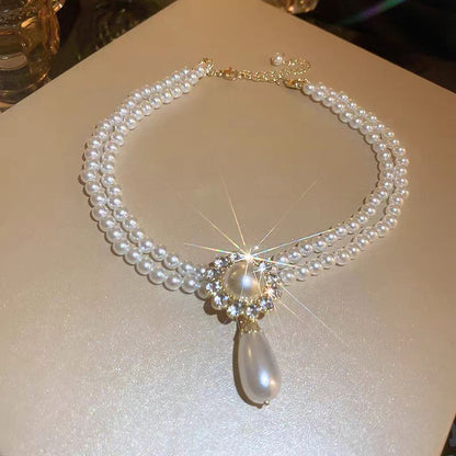 White Alloy Zircon Double Layered Pearl Water Drop Pendant Necklace