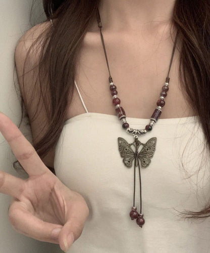 Red Alloy Gem Stone Butterfly Hollow Out Pendant Necklace