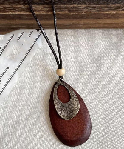 Black Wooden Patchwork Waxed Cord Sweater Pendant Necklace