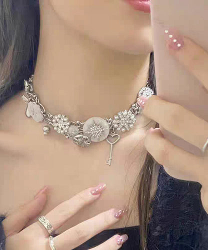 Silk Sterling Silver Snowflake Button Collar Necklace