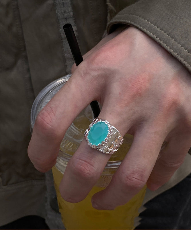 Simple Blue Stainless Steel Crystal Rings