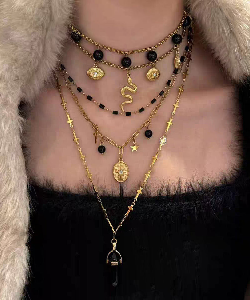 Boutique Black Sterling Silver Overgild Agate Pendant Necklace Three-piece Set