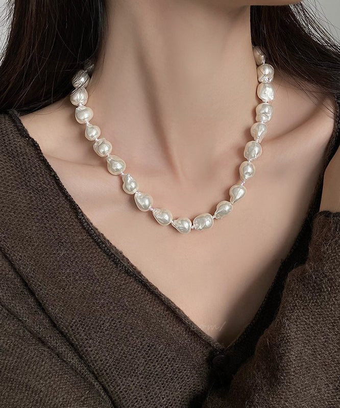 White Alloy Asymmetrical Pearl Gratuated Bead Necklace