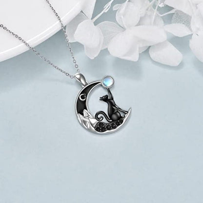 Moonchild's Mystique: Black Cat Crescent Moonstone Talisman Necklace