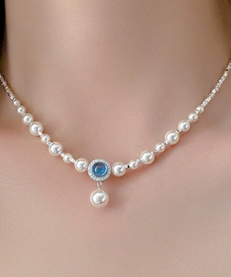 Blue Copper Silver Plating Pearl Broken Silver Gem Stone Pendant Necklace