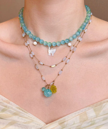 New Blue Stringing Beads Layering Alloy Two Piece Set Pendant Necklace