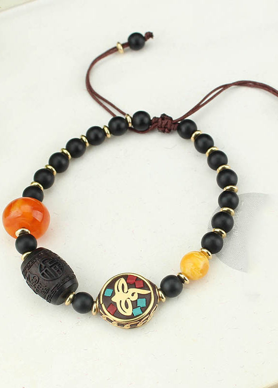 Black Coloured Glaze Pearl Beeswax Sandalwood Clover Charm Bracelet