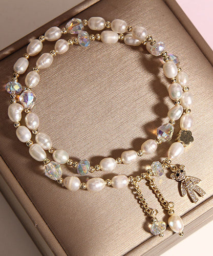 Champagne Alloy Inlaid Pearl Gem Stone Little Bear Charm Bracelet