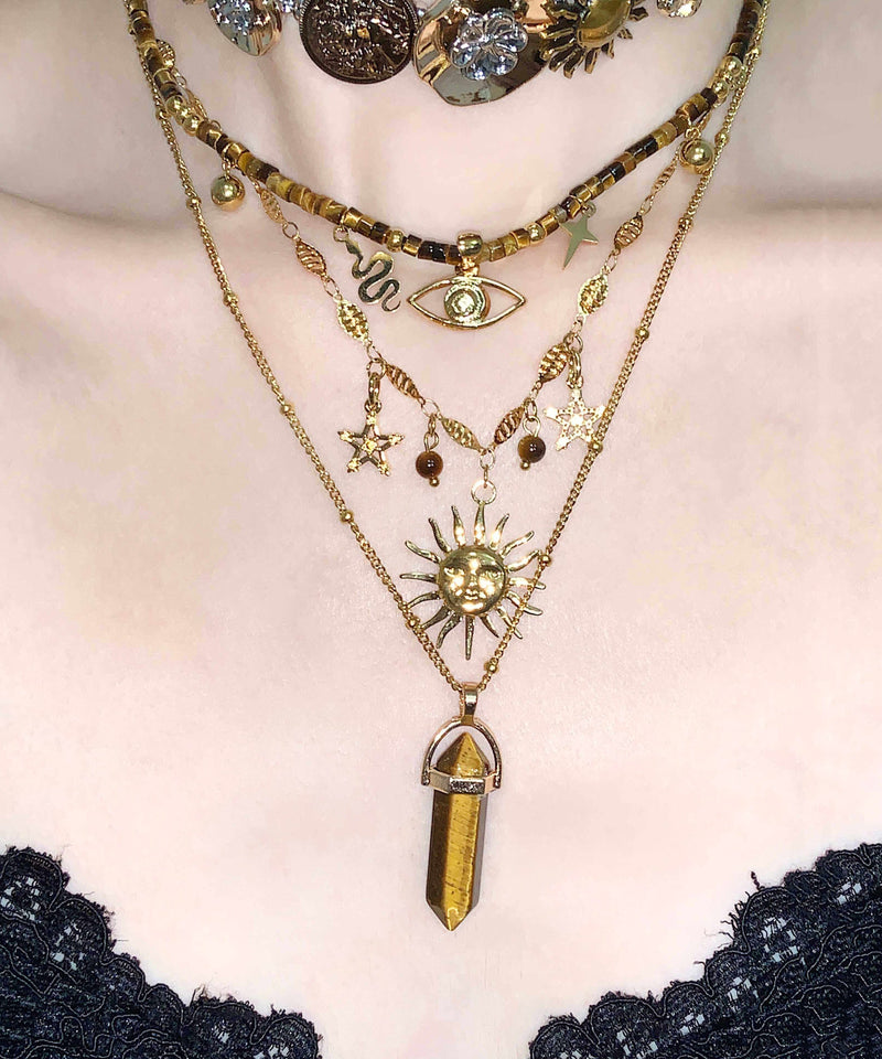 Brown Tiger's Eye Long Column Sun Layering Titanium Steel Four Piece Set Pendant Necklace