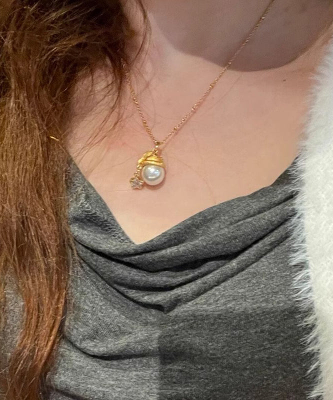 Gold Sterling Silver Overgild Zircon Pearl Star Santa's Hat Pendant Necklace