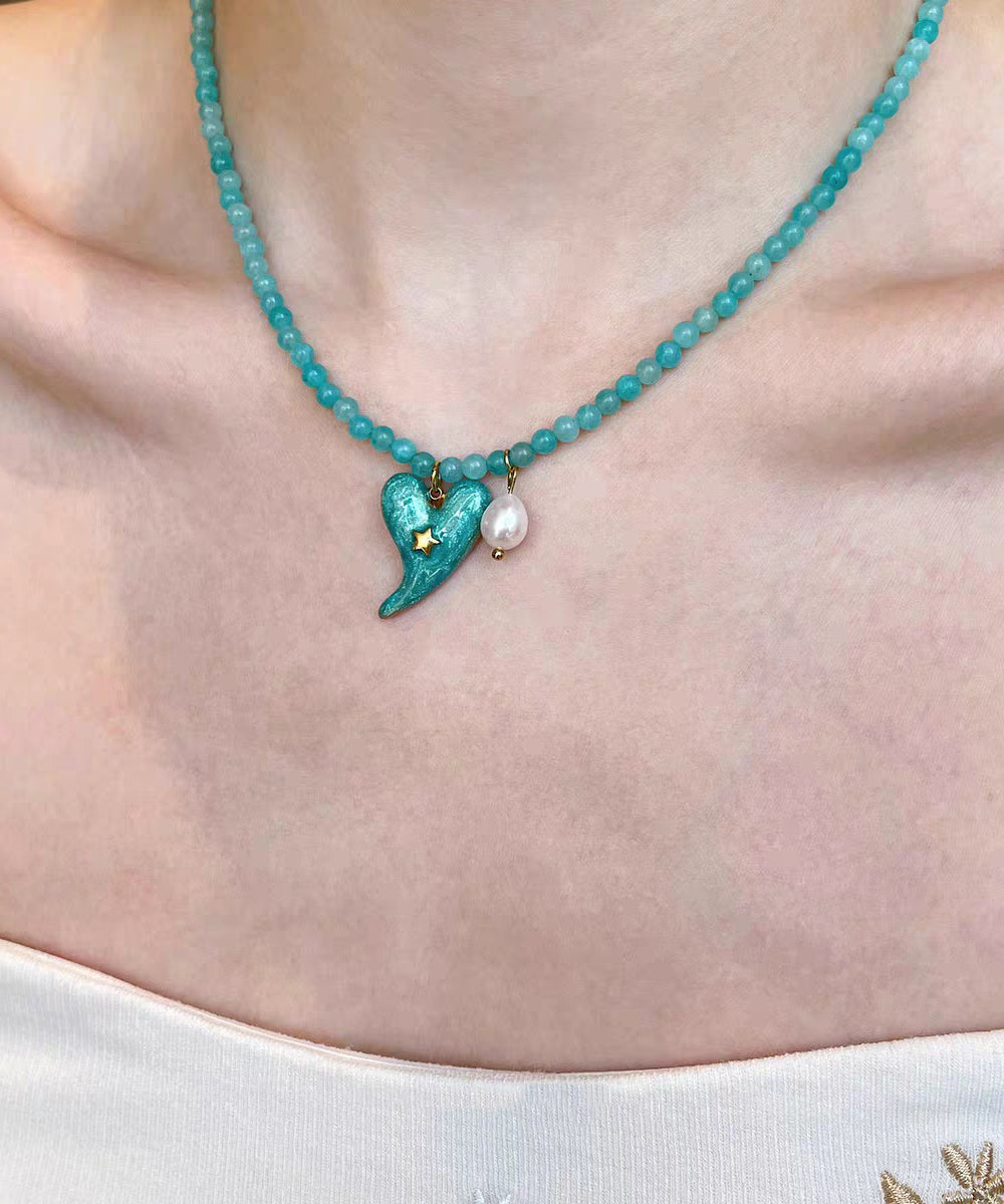 Blue Alloy Amazonite Love Pearl Pendant Necklace Two-piece Set