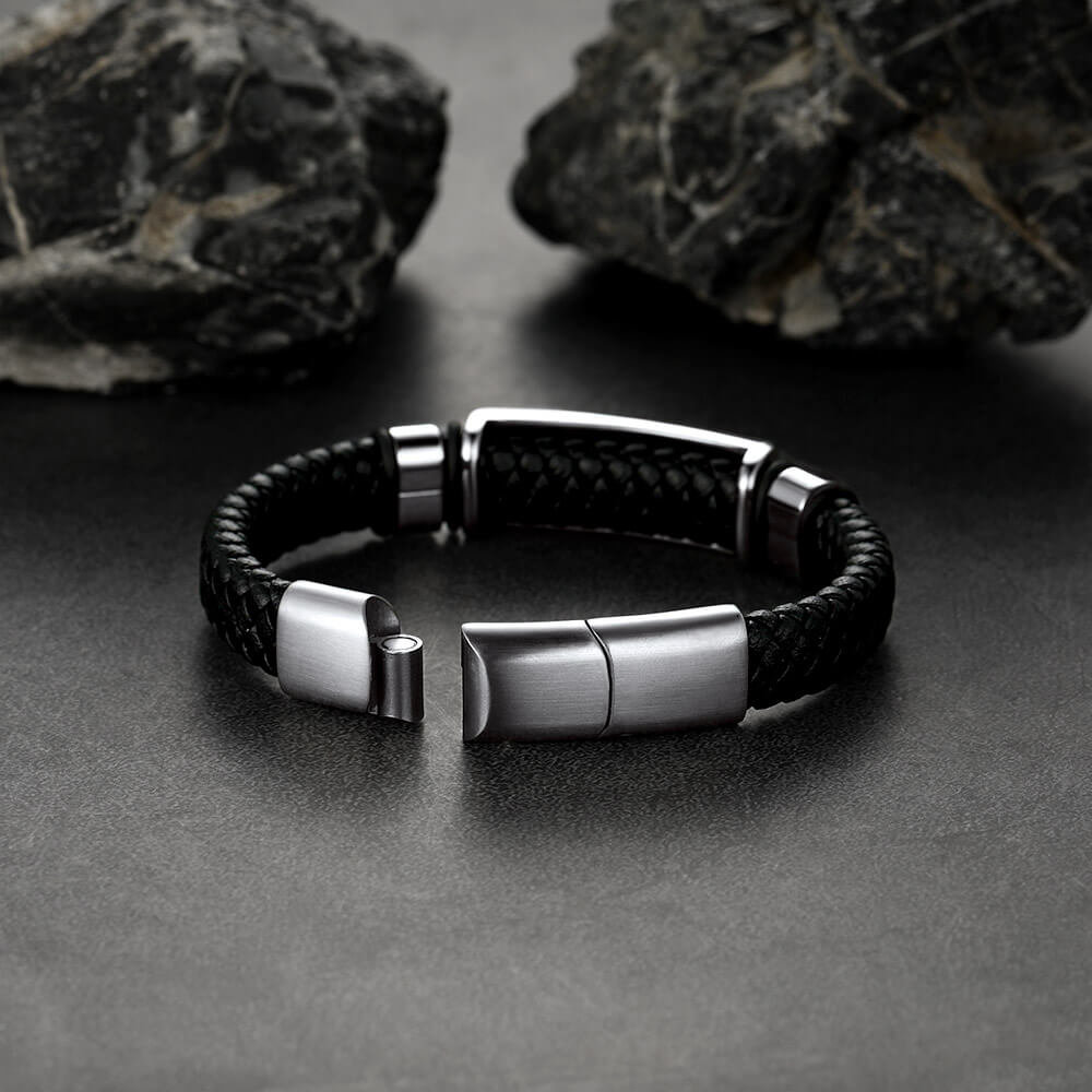 Gothic Black Skull Braided Leather Bracelet for Son Grandson