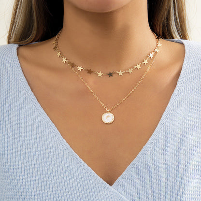 Geometric Metal Fine Chain Necklace Creative Star and Moon Drop Oil Pendant All-match Double Necklace