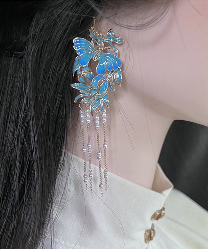 Retro Blue Sterling Silver Overgild 14k Gold Pearl Oli Drip Cloisonnedrop Earrings