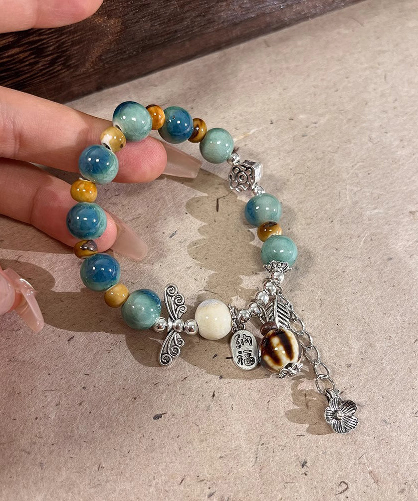 Silk Sterling Silver Jade Ceramics Beads Charm Bracelet