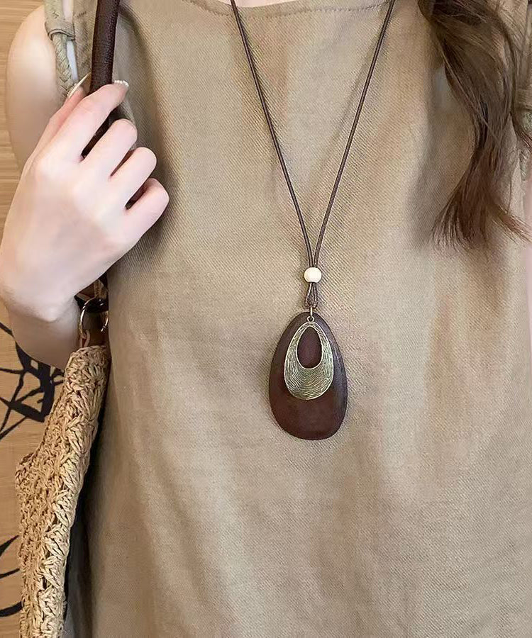 Black Wooden Patchwork Waxed Cord Sweater Pendant Necklace