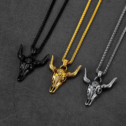 Flash Satanic Bull Cow Skull Necklace With Invert Pentagram for