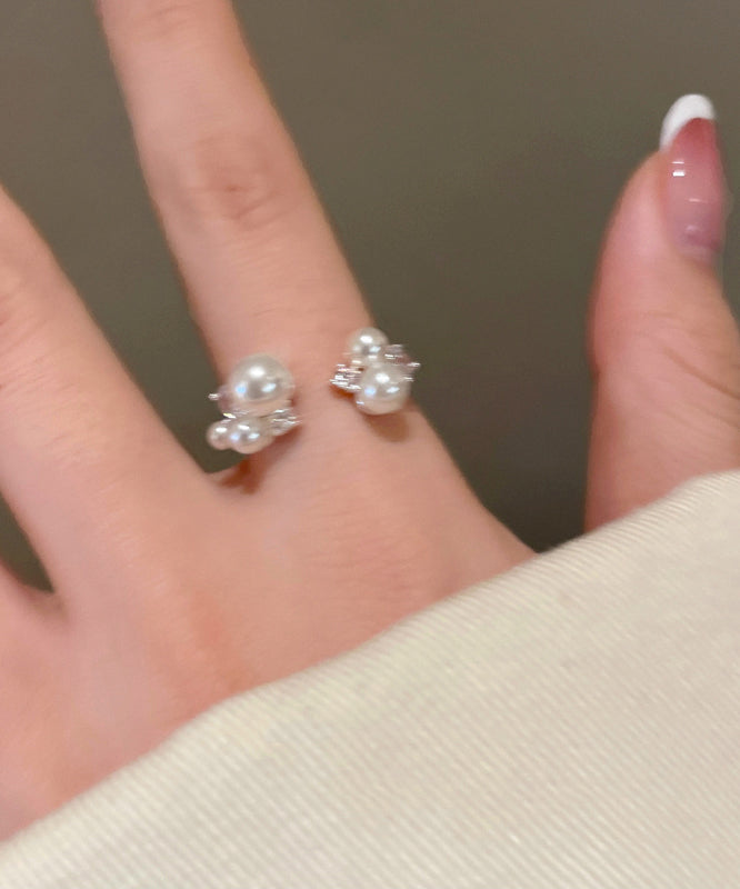 White Copper Zircon Pearl Open Rings