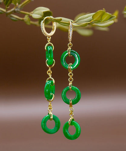 Green Sterling Silver Overgild Jade Circle Drop Earrings