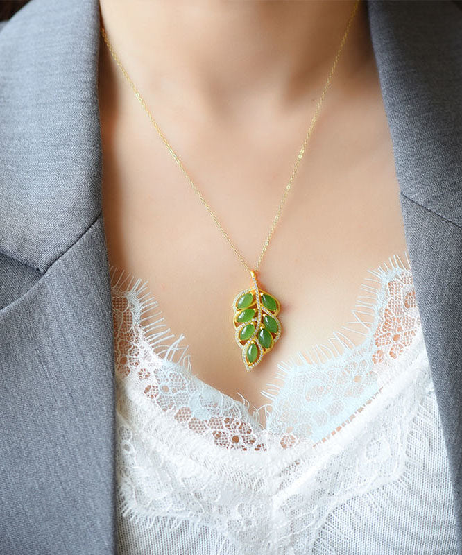 Green Jade Zircon Leaf Pendant Necklace