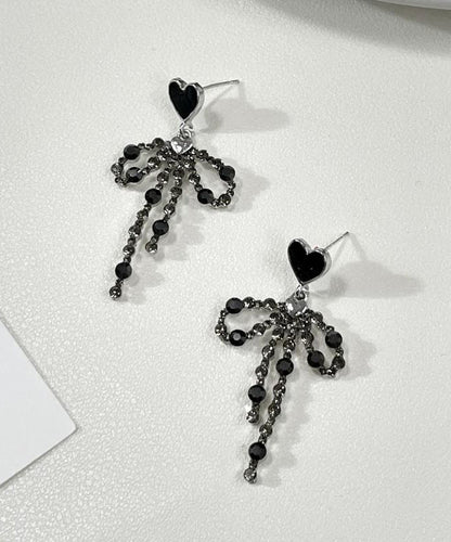 Stylish Black Metal Love Bow Tassel Drop Earrings