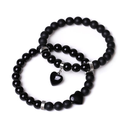 Buddha Stones 2pcs Black Onyx Crystal Stone Love Heart Protection Support Couple Bracelet