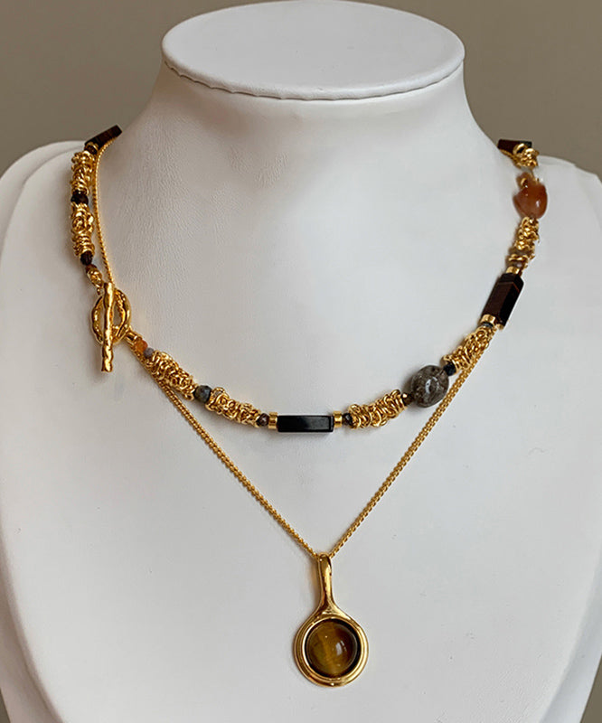 Gold Copper Overgild Tiger's-eye Beads Two-piece Set Pendant Necklace
