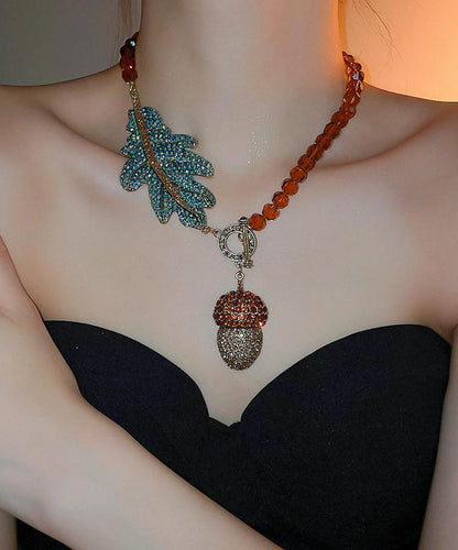 Coffee Alloy Zircon Crystal Leaves Pendant Necklace