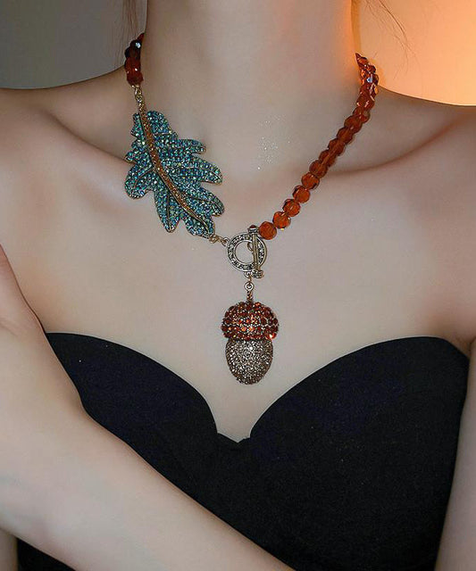 Coffee Alloy Zircon Crystal Leaves Pendant Necklace